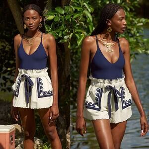 NWT Carolina K Neptune Self-Tie Shorts White & Navy Midnight Waves